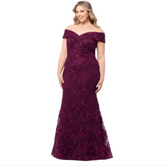 XSCAPE Plus Size Embellished Lace Off-The-Shoulder Gown